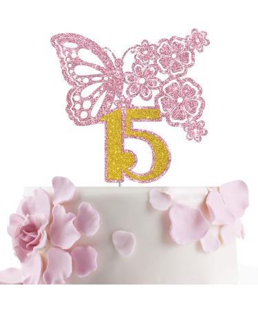 Tenhaisi Pink & Gold 3D Butterfly Flower Sign 15 Cake Topper - Happy 15th Birthday/Anniversary Party Decoration 3D Cake Topper- Girls 15th Birthday Party Supplies