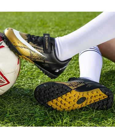 Vlookst Soccer Shoes for Boys & Girls - Unisex Artificial Turf Football Shoes | Indoor & Outdoor Training Sneakers | Black & Gold (EU Size 30-39) - Buy Online on GoSupps.com