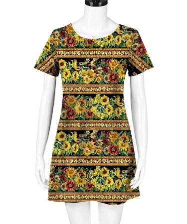 2022 Women's Casual Crewneck Tshirt Dress - Yellow Large, Tropical Print Boho Beach Sundress - Buy Online on GoSupps.com