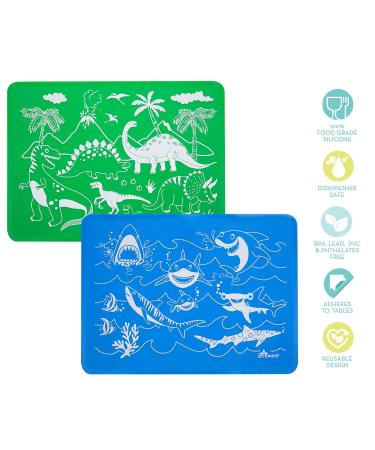 Brinware Reusable Slip Resistant Toddler Silicone Placemat for Kids - Dinosaur & Shark Green/Blue (2 Pack) 2 Pack - Green/Blue Dino & Shark - Buy Online on GoSupps.com