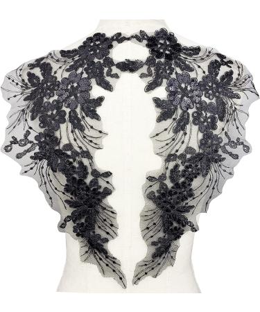 Floral Embroidery Sequin Lace Appliques Trim - 1 Pair (Black) for Wedding Bridal Dress DIY - Buy Online on GoSupps.com
