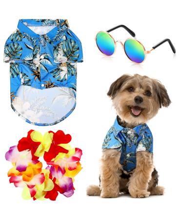 Geyoga 3 Pieces Pet Dog Hawaiian Costume, Includes Puppy Dog's Cool T-Shirts Summer Clothes, Funny Cute Dog Retro Fashion Sunglasses and a Colorful Wreath for Small to Medium Dog (Blue Series)