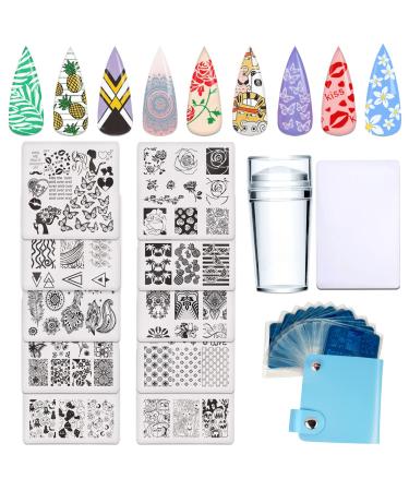 Nail Stamping Plates Set Nail Stamper kit 10 Plates 1 Storage Bag 1pcs stamper scaper Art Stamping Plate kit Summer Animal flower Lace Holiday Image Template Manicure DIY Printing Tools