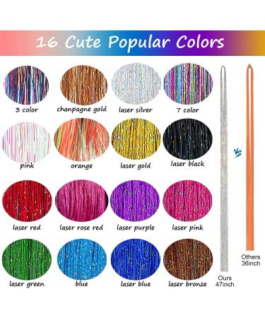 Movstriker Hair Tinsel Kit 16 Colors 3200 Strands 47 Inch Glitter Tinsel Hair Extensions Sparkling Hair Glitter with Tools Sparkling Shiny Hair Glitter for Women Girls Kids - Buy Online on GoSupps.com