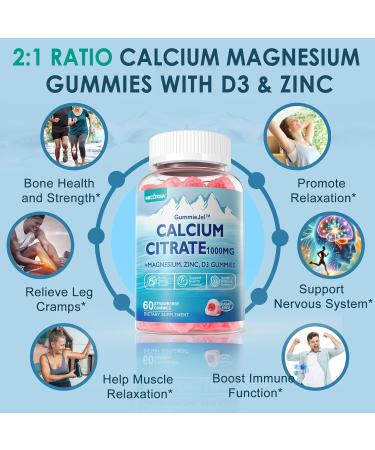 Calcium Citrate Supplement 1000mg for Women & Men 6-in-1 Calcium Magnesium Zinc Gummies + Vitamin D3 B6 & Potassium High Absorption for Bones Teeth Muscle & Nerve Health Vegan Sugar Free 60Cts 60 Count (Pack of 1) - Buy Online on GoSupps.com