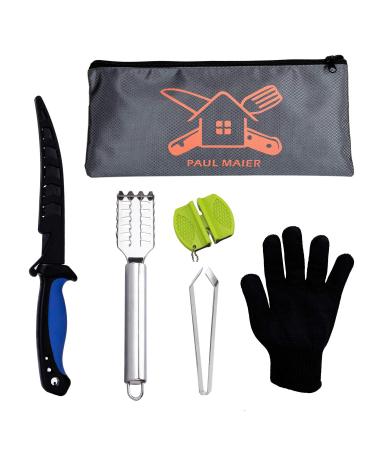 Fish Cleaning Kit6-Piece ,FishFillet Knife With Scabbard,Cut-resistantGloves,Fish Scale Remover Double-sided Sharpening Stone,Fishbone Tweezers,Storage Bag