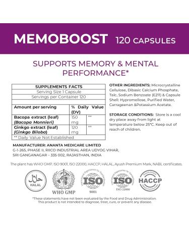 MEMOBOOST Memory Supplement - Natural Brain & Clarity 120 Capsules jar 120 - Buy Online on GoSupps.com