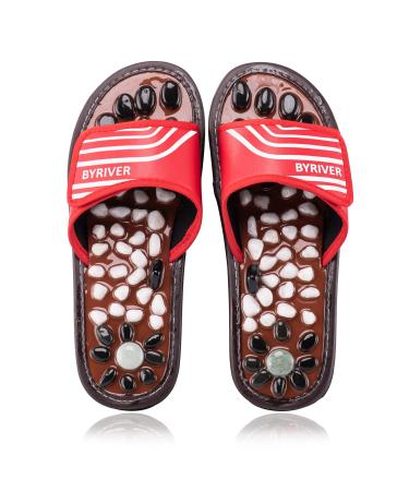 Byriver acupressure shoes foot massage device reflex zone massage slippers for men relief plantar fasciitis heel arch arthritis neuropathy pain (red 25) red 35-37.5