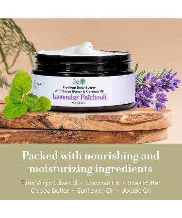 360Feel Lavender Patchouli Body Butter - Nourishing and Hydrating Shea Body Butter with a Gentle Formula - Handmade with Essential Oils - Creamy Formula for Daily Use - Zero Harsh Additives - 8 Ounce - Buy Online on GoSupps.com
