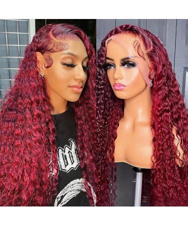 BeautyGrace 26Inch Burgundy Human Hair Lace Front Wigs Human Hair 99J Deep Wave Lace Front Wigs Human Hair Brazilian Virgin 13x4 Deep Wave Frontal Wigs Human Hair Red Color(99J Deep  26Inch) 26 Inch