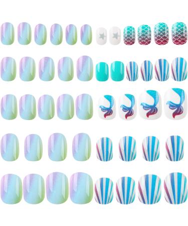 48Pcs Press on Nails for Kids Full Cover Short Fake Stick on Nails for Girls False Nails Lovely Children Gift Nail Art Decoration (Blue Ocean)
