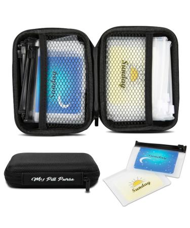 Day and Night Pill Organizer - Pill Cases Organizers 7 Day 2 Times a Day | Includes 7 Each AM PM Pill Bag of 4 x 3 Inch in Zipper Med Wallet of 5.75 x 4 x 1.5 Inch - Weekly Pill Holder AM PM Pill Box Plain Black Purse