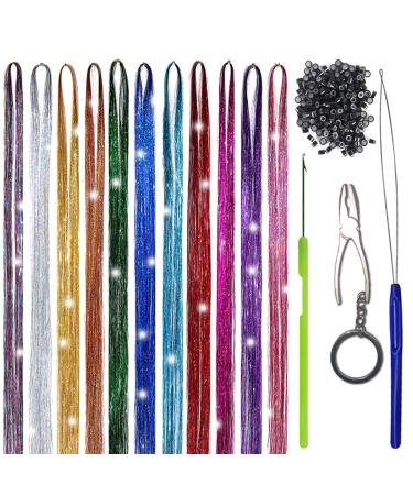 DJTINSEL Hair Tinsel Kit 11 Colors Fairy Tinsel Hair Extensions 46 Inch Hair Tinsel Heat Resistant 2700 Strands Glitter Fairy Hair Tinsel Kit Hair Tensile with Beads (11 Colors)