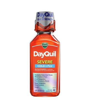 Vicks DayQuil SEVERE Cough Cold and Flu Berry Flavor 12 Fl oz (Non-Drowsy) - Sore Throat Fever and Congestion Relief