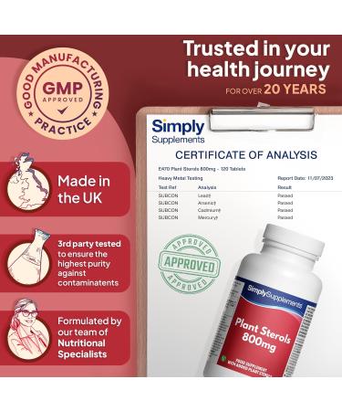 Plant Sterols 800mg | 120 Vegan Tablets with Beta-Sitosterol | Naturally Reduces Cholesterol | Suitable for Vegetarians and Vegans | Made in the UK - Buy Online on GoSupps.com