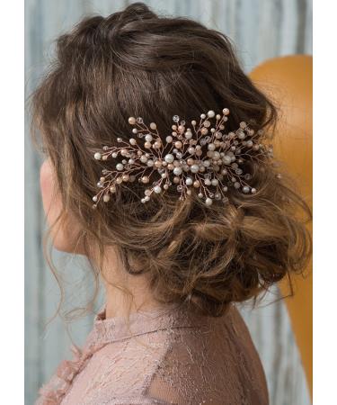 Kercisbeauty Wedding Bridal Pink Champagne Beads Rose Gold Hair Comb Slide Headband Bun Hair Accessory for Prom(Rose Gold)
