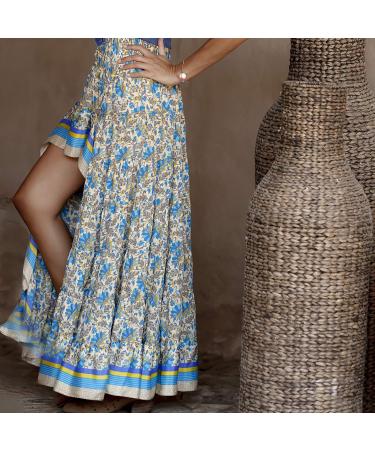 Sanahy Women Boho Floral Print High Low Maxi Skirt Dress - Blue - Buy Online on GoSupps.com