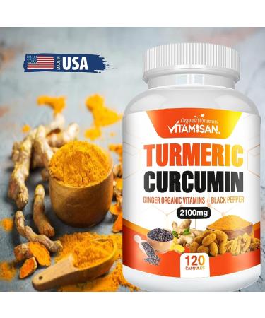 VITAMISAN Turmeric Curcumin 2100mg with Ginger & Black Pepper 2 Pack (120 Capsules Each) Herbal Supplement for General Wellness Non-GMO Made in USA - Buy Online on GoSupps.com
