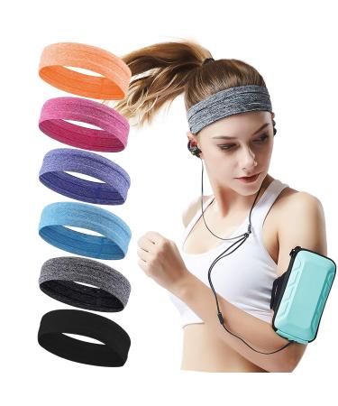 QiShang Workout sweatbands for Women Head,Sport Hair Bands for Women's Hair Non Slip,Moisture Wicking Headband for Running 6Pack: Black-gray-blue-orange-rose red-purpl