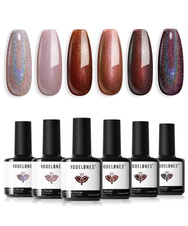Modelones Gel Nail Polish 6 Colors Fall Gel Polish Chameleon Nude Brown Purple Red Glitter Nail Gel Polish Shimmer Winter Soak Off U V Nail Gel Nail Kit Home Gift DIY Salon for Women Girl