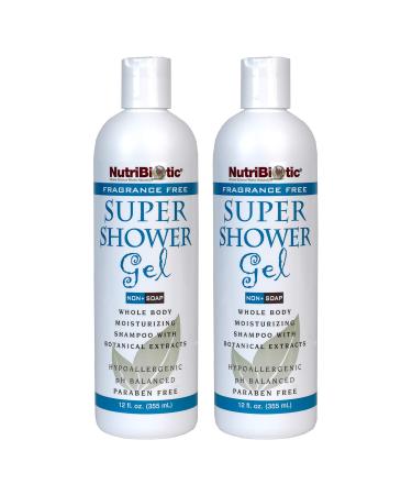 NutriBiotic Fragrance-Free Super Shower Gel 12 Oz Twin Pack | Whole-Body Moisturizing Shampoo with GSE & Botanical Extracts | pH Balanced & Free of Gluten Parabens Sulfates Dyes & Colorings