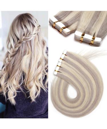 SEGO TAPE in Extensions real hair 20 Tressen 40g hair extension adhesive hair part Remy hair with 10pcs free tapes Platinum blonde/gray#60pgrau 12 "(30cm) -40g