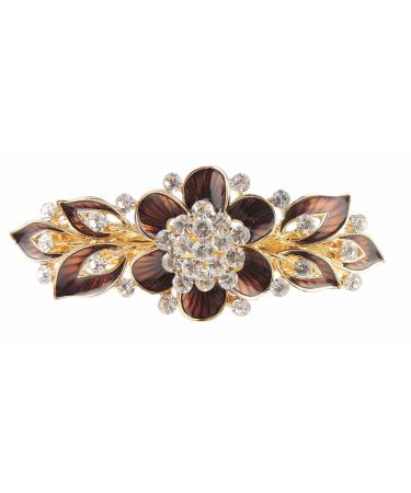 Ladies Enamel & Diamante Evening Occasion Stencil Hair Barrette Clip Leaves & Flower Brown