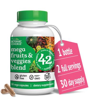Botanic Choice Mega Fruits and Veggies Blend - 42 Fruit & Vegetable Superfood Capsules - Elderberry Chlorella Kale - Supplements - 60 Capsules 60 Count (Pack of 1)