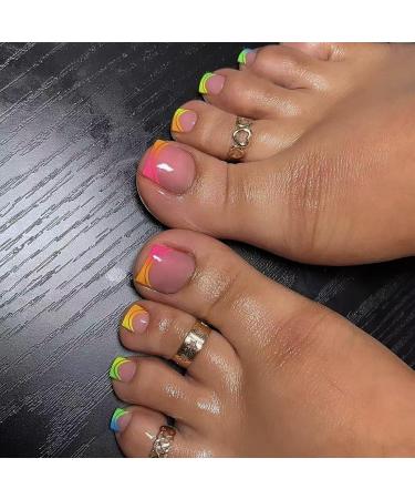 Buy Rainbow Press On French Tip Fake Toenails - Glossy Pink Acrylic Toe Nails with Colorful Designs for Women - Buy Online on GoSupps.com