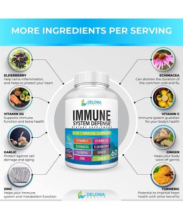 8-in-1 Immune System Support: Vitamin C, D3, Zinc, Elderberry, Echinacea, Turmeric, Ginger, Garlic - 1000mg, 5000iu, 40mg, 250mg, 40mg, 100mg, 150mg, 150mg - Buy Online on GoSupps.com