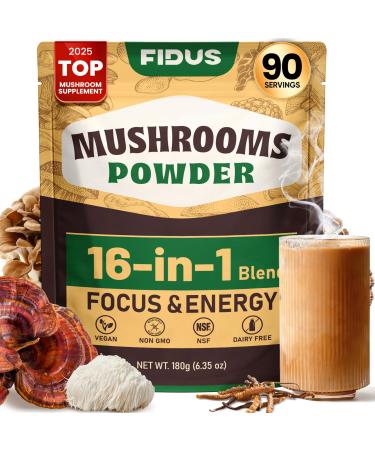 Fidus 16 Mushroom Supplement Powder with 17,300mg, 90 Day Servings Mushroom Coffee Alternative for Immunity, Focus & Energy with Ashwagandha, Lion's Mane, Chaga and Reishi, 100% Fruiting Bodies 6.7 Ounce (Pack of 1)