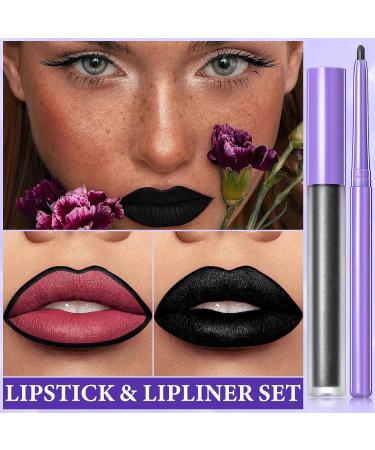 2Pcs Black Matte Liquid Lipstick & Lip Liner Set | Waterproof Long Lasting Smudge Proof | Perfect for Halloween & Goth Makeup - Buy Online on GoSupps.com