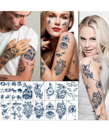 Semi-Permanent Tattoos for Women - 18 Sheets Large Flower Rose Sunflower Deer Wolf Dark Blue Fake Tattoos + 14 Sheets Small Tattoo for Men, Kids - Waterproof Temporary Stickers Lasting 1-2 Weeks - Buy Online on GoSupps.com