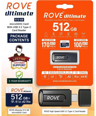 ROVE 512GB Ultimate Micro SD Card with USB 3.2 Type C Reader - 170MB/s, C10, U3, V30, 4K, A2 for Dash Cam, Android, Tablets, Games - Buy Online on GoSupps.com
