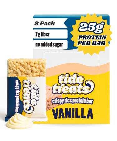 25g Protein Bar Crispy Rice Treat Vanilla | Clean Ingredients No Added Sugar 7g Fiber Gluten Free | High Protein Snack for On-the-Go Post-Workout or Dessert Cravings | 8 Count | TideTreats