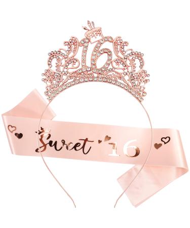 Vovii 16th Birthday Sash and Tiara 16th Birthday Decorations For Women 16th Birthday Gifts for her Princess Crown Hair Accessories for Women Happy Birthday Party Favors Rose Gold 16th