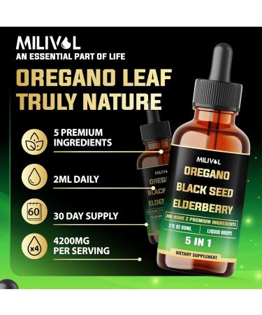 MILIVOL 5in1 Oregano Oil Liquid Drops with Black Seed, Elderberry, Garlic, Olive Leaf - Wellness Support Supplement - 2 Fl Oz - Buy Online on GoSupps.com
