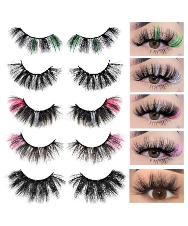 FINMOO Colored Lashes Glitter Eyelashes Mink Fluffy Lashes Ombre Dramatic False Eyelashes 8D Curly Cosplay Party Full Strip Lashes Pack 5 Pairs Colored 5 pairs