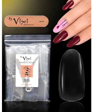By Vixi 600 LONG OVAL NAIL SET with PREP FILE 10 Sizes Clear Express Full Cover False Fingernail Extensions for Salon Professionals & Home Use Oval Long