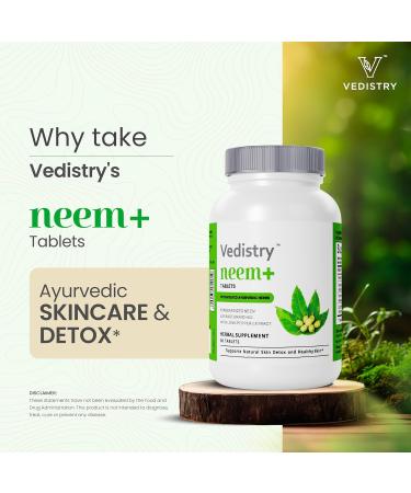 Vedistry Neem Leaf Supplements | 1100mg Neem Leaf Tablets Supports Clear Skin Detoxification & Immune Health | Herbal Supplement for Acne & Promotes Healthy Skin with Long Pepper | 60 Vegan Tablets - Buy Online on GoSupps.com