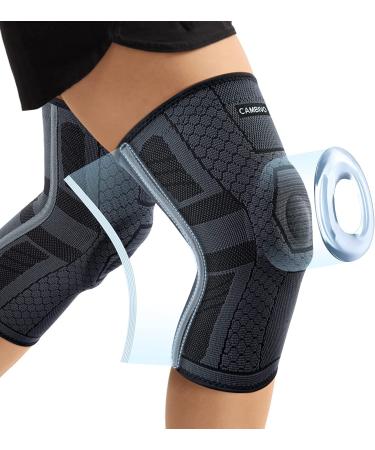 CAMBIVO 2 Pack Knee Braces for Knee Pain Women and Men Knee Compression Sleeve with PMMA Side Stabilizers and Patella Knee Pads Knee Support for Meniscus Tear Arthritis ACL Joint Pain Relief Running Volleyball (Black Grey L) Large Black Grey