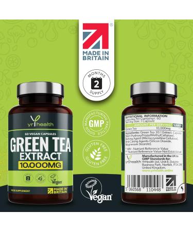 Vegan Green Tea Extract Capsules 10,000mg - Metabolism Booster for Weight Loss - 60 Vegan Capsules - UK Made by YrHealth - Buy Online on GoSupps.com