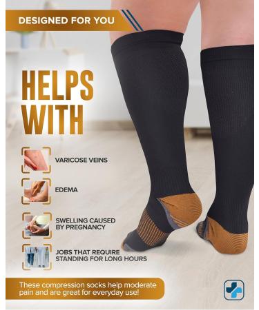 Doctor's Select Copper Plus Size Compression Socks - 20-30mmHg Extra Wide Calf - 2 Pairs for Swelling & Varicose Veins - Black 3X-Large - Comfortable Compression Socks for Men & Women - Buy Online on GoSupps.com
