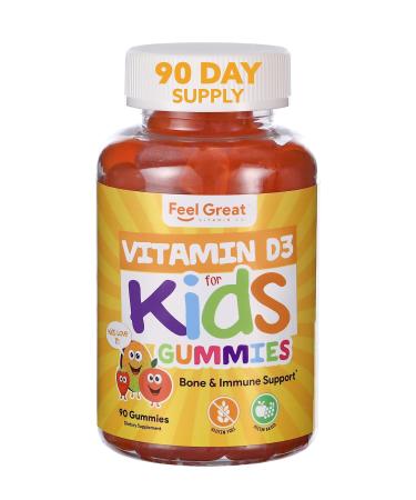 Feel Great Kids Vitamin D3 1000 IU Gummies | Kids Vitamin D Gummies for Healthy Bones  Mood  & Immune Support | Citrus Flavored Vegetarian D3 Gummies | 90 Day Supply 90 Count (Pack of 1)