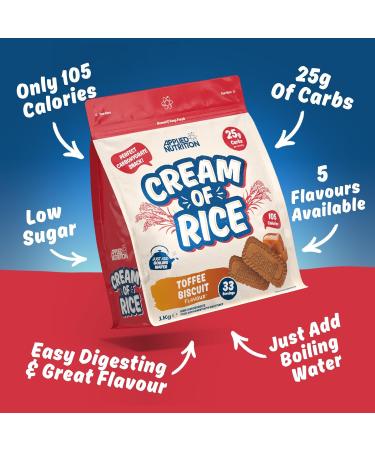 Applied Nutrition Cream of Rice - High Carbohydrate Cream of Rice Supplement Source of Energy for Breakfast & Snacks Easy to Digest Low Sugar Low Fat Vegan 1kg (Toffee Biscuit) Toffee Biscuit 1 kg (Pack of 1) - Buy Online on GoSupps.com