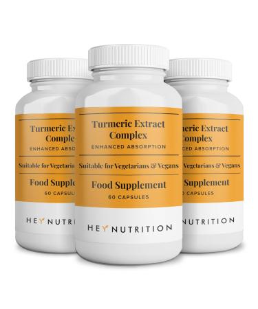 Hey Nutrition Turmeric Extract Complex - Vitamin D3 & C Black Pepper Extract - Support Muscle & Joint Relief - Maximum Potency & Enhanced Absorption - UK Manufactured - 3 Pack - 180 Vegan Capsules 60 count (Pack of 3)