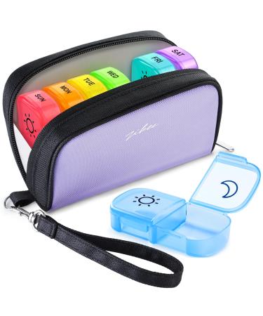 Stylish ZIKEE Weekly Pill Organizer 2 Times a Day Pill Box 7 Day with a Fashionable Purple Oxford Bag & a Detachable Handle for Travel Pill Case for Vitamins Fish Oils Medicines Supplements
