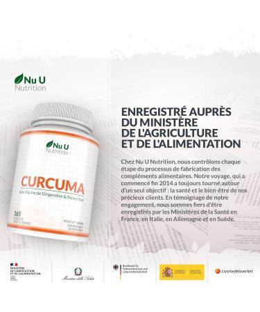 Turmeric Ginger and Black Pepper - 365 Vegan Capsules (1 Year) - 95% Turmeric - 720mg Turmeric per High Absorption Capsule - Made in Europe - Nu U Nutrition - Buy Online on GoSupps.com