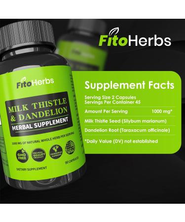 FitoHerbs Milk Thistle & Dandelion 1000Mg - Digestive Health Support - Liver Detox Health Capsules - Vegan Milk Thistle Herbal Supplements - High-Potency Antioxidant Pills - 90 Count - Buy Online on GoSupps.com