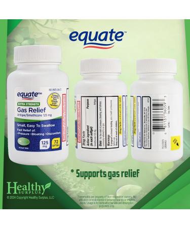 Equate Gas Relief Extra Strength 125 mg - 72 Softgels & Vital Volumes Upset Stomach Tips Card Bundle | International Shipping Available - Buy Online on GoSupps.com